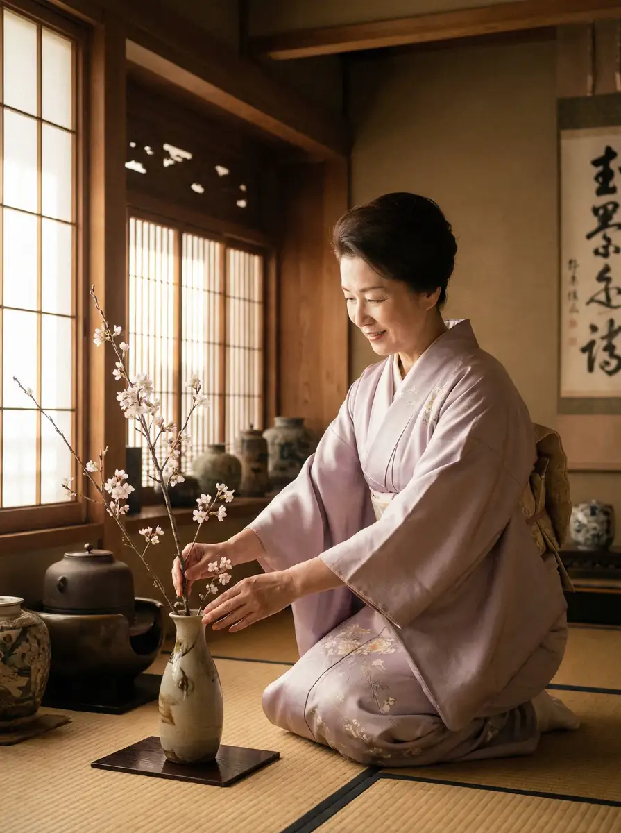 一位优雅的 金诚平台 在和室中插花